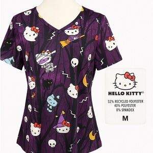 Hello Kitty Halloween Scrub Top Purple Ghost Witch Mummy Cats Skulls Sz L